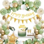 Birthday Decoration for Women Man, Thinbal Saga Green Birthday Party Decorations, Jungle Olive Green Gold White Balloons Happy Birthday Banner, Cake Topper, Pom Poms for Girls Boys Birthday Deco