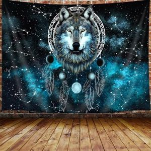 Trippy Wolf Moon Phase Dreamcatcher Tapestry, Cool Animal Aesthetic Galaxy Dream Catcher Tapestry Wall Hanging for Men Bedroom, Boho Space Tapestries Poster Blanket College Dorm Home Decor (60X40")