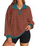 IYOWEL Oversized Sweatshirt for Women Striped Color Block Tops Lapel Long Sleeve Shirts Casual Workout Pullover with Pockets Fall Y2K Clothes Coral Brown XL