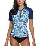 BesserBay Swimming Tops for Rash Guard Top UV Swimming Top Womens Swimsuit Women Rash Vest Women Zip Front Navy Blue Sleeve Blue and White Floral S