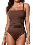 Aleumdr 2024 Trendy Ribbed One Piece Swimsuits for Women Tie Side High Cut Bathing Suits Padded Monokinis Coffee Small