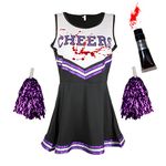 Cheerleader Costume Women Halloween Costumes for Women Cheerleader Halloween Costume Adult Zombie Cheerleader Halloween Costume for Women Dead Cheerleader with Blood Tube, Black Purple XL