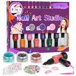 Tudaymol Nail Art Studio for Girls - Nail Polish Kit for Kids Ages 6-12 Years Old,Non-Toxic Peel-Off Safe Quick Dry Nail Polish Gift Kit Set,Cool Girls Toys Stuff - Polish, Pens, Glitter, Stickers