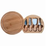 Round Bamboo Cheeseboard with 4 Piece Cheese Knife Set Stainless Steel Cheese Knives for Cheese, Fruit and Meat Platter Serving Board Charcuterie Board for Party Essentials and Picnic Essentials