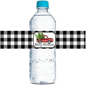 Black Buffalo Plaid Christmas Truck Party Waterproof Water Bottle Sticker Wrappers, 20 1.75" x 8.5" Wrap Around Labels by AmandaCreation