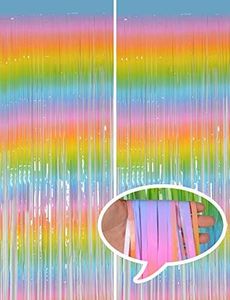 Melsan Pastel Tinsel Backdrop for Easter Party Decorations, Metallic Rainbow Foil Fringe Curtains 3.2 ft x 8.2 ft for Birthday Party Photo Booth Props Decoration, 2 Pack