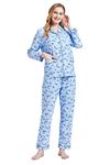 GLOBAL Pyjamas for Women Flannel Cotton Sleepwear long Ladies Pyjamas Sets Button Down LoungewearBlue Flowers 6,L