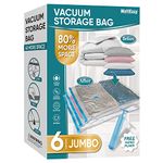 MattEasy Space Saver Vacuum Storage Bags, 6 Pack Jumbo Space Saver Bags with Pump, Storage Vacuum Sealed Bags for Clothes, Comforters, Blankets, Bedding (Jumbo) (polyethylene + polyamide PA+PE)