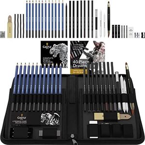 Castle Art Supplies 40 Piece Premium Drawing and Sketching Set With Tutorial | For Artists, Professionals or Beginners | Pencils, Charcoal, Graphite and More | In Neat Carry-Anywhere Zipper Case