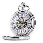 TREEWETO Men's Steampunk Skeleton Mechanical Silver Fob Retro Pocket Watch