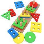 Toyshine Wooden 4 Angle Geometric Blocks Building Stacker Shape Sorter Column Puzzle Stacking Toy Set Kids