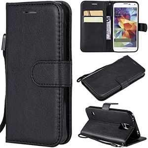 SATURCASE Case for Samsung Galaxy S5, Classical PU Leather Flip Magnet Wallet Stand Card Slots Protective Cover with Hand Strap for Samsung Galaxy S5 (XD-Black)