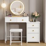 DSAFGGY Vanity Desk with Lighted Mirror, Makeup Vanity with 5 Drawers(3 Fabric), 3 Lighting Modes LED Mirror, White Vanity Table for Bedroom, Dresser Vanity Set with Stool, Gifts for Girls and Women