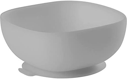 BÉABA, Bol Ventouse pour Enfant, 100% silicone, matière douce et très resistante, Adhère table/tablette chaise haute, Languette permettant de soulever l’assiette, Compatible micro-onde, Gris