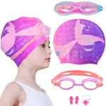 AuSletie Kids Swim Caps for Girls, Silicone Waterproof Swimming Cap for Kids, Durable Comfortable Swimming Caps for Girls, Fit for Long and Short Hair