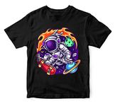 WALLABY KIDS Boys & Girls Cute Skateboarding Astronaut Space Solar System Theme 100% Cotton Unisex Kids T-Shirt (Black; 7-8 Years)