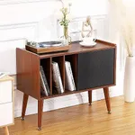 Garvee Record Player Stand with Charging Station and USB Ports, Large Storage Space Holds Up to 300 Albums, Vinyl Record Storage Cabinet, Turntable Stand, Record Player Table End Table,Brown