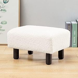 LUE BONA Small Foot Rest, Beige Fur Padded Foot Stool, Storage Ottoman Foot Rest with Wooden Legs, 9.5Inch, Modern Rectangle Chair Foot Rest Foot Step Stool for Living Room, Couch, Desk