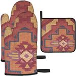 JKKL Southwest Native American Skull Turquoise Feathers Pattern，3pcs Oven Mitts and Pot Holders for Kitchen,Cooking,Baking,Grilling,BBQ