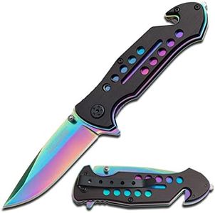 TAC Force Spring Assisted Folding Pocket Knife – Rainbow TiNite Coated Drop Point Blade and Liner, Black Aluminum Handle w/ Rope Cutter, Glass Punch, and Clip, Tactical, EDC, Rescue - TF-509 4.75 inch