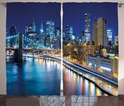 ABAKUHAUS Landscape Curtains, View of Famous New York City Manhattan Bay Harbour at Night and Skyscrapers Print, Living Room Bedroom Window Drapes 2 Panel Set, 69 L X 110 W, Multicolor