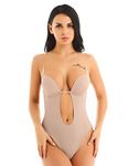 iiniim Women Strapless Underwire Padded Bra Plunging Neck Backless Thong Bodysuit Shapewear Khaki 32