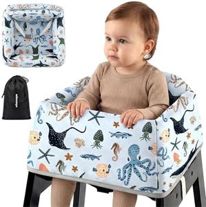 Mamatepe Baby High Chair Cover with Strap Pads & 2-Point Harness - Machine Washable, Waterproof, Portable for Restaurant/Travel/Home - Fits Wooden High Chairs, Blue Ocean