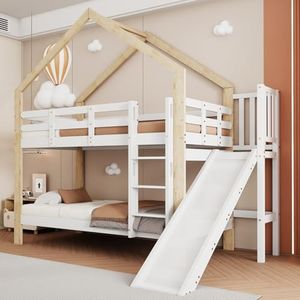 KOMHTOM 90x200cm Lit Superposé avec échelle et Toboggan, Lit d'enfant avec Clôture de Sécurité et Sommier à Lattes en Bois, Cadre de lit(sans Matelas) (B)