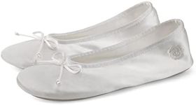 BCTEX COLL Women's Ballerina House Slippers with Bow, Ladies Satin Bedroom Slipper with Suede Sole Indoor, White, 8-9