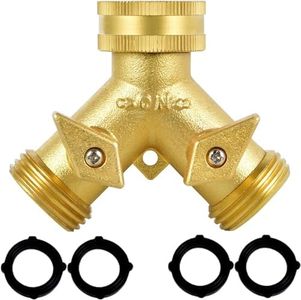 2 Way Heavy Duty Brass Garden Hose Connector Tap Splitter for Lawn and Garden - Outlet Splitter, Hose Splitter, Hose Spigot Adapter with 2 Valves, Plus 4 Extra Rubber Washers Updated Version