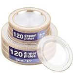 MATANA 240 Premium Hard Plastic Plates with Hammered Gold Rim - 120 x 26cm, 120 x 19cm - Reusable Gold Party Plates for Weddings, Birthdays, Christmas, Parties