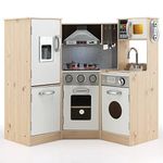 HONEY JOY Corner Kids Kitchen Playset, Wooden Play Kitchen for Toddlers, Range Hood, Microwave, Water Dispenser, Utensils, Phone, Sink, Little Chef Pretend Toy Kitchen Set w/Lights & Sounds, Natural