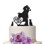 YAMI COCU Wedding Cake Toppers Mr And Mrs With Two Pet Dogs Animal Black Color Acrylic Silhouette Wedding Party Engagement Decoration