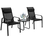 COSTWAY 3-Piece Patio Bistro Set, Garden Furniture Set Tempered Glass Table and 2 Stackable Chairs with Adjustable Backrest & Headrest, Outdoor Balcony Yard Conversation Table Chairs Set (Black)