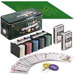 The Magic Toy Shop 200 Piece Poker Set Casino Style Game With Mat 2 Card Decks & Casino Chips In Metal Tin Box, Texas Hold'em