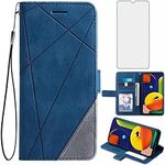 Compatible with Samsung Galaxy A50 A50S A30S Wallet Case and Tempered Glass Screen Protector Flip Cover Card Holder Stand Cell Phone Cases for Glaxay A 50 50S 30S Gaxaly S50 50A SM A505G Women Blue