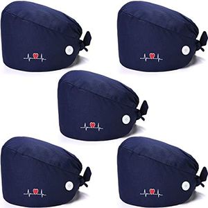 5 Pieces Working Cap with Buttons Unisex Sweatband Adjustable Tie Back Bouffant Hat (Navy Blue)