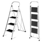 Daniks 4 Step Ladder with Handrail | Foldable Step Stool, Anti-Slip Pedals | Sturdy Lightweight Steel | 330lb Capacity | Silver