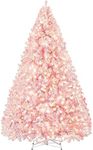 Yaheetech 9ft Pre-lit Artificial Christmas Tree with Incandescent Warm White Lights, Snow Flocked Full Prelighted Xmas Tree with 2084 Branch Tips, 900 Incandescent Lights & Foldable Stand, Pink