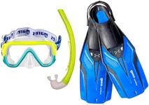 Mares Junior Nateeva Keewee Snorkeling Gear Set for Kids, Wide-Vision Clear Lens Mask, Ergonomic Snorkel, Lightweight Open Heel Swimming Fins XS, Blue