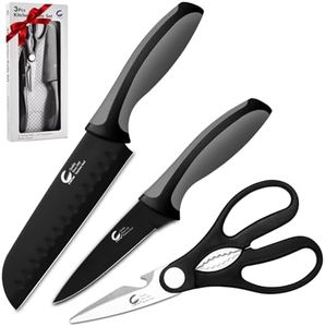 CuCut Kitchen Knife, 3-Pcs Black Knives Set with Multifunctional Kitchen Scissors, 6'' Santoku and 4'' Paring Knife for Chef Paring Cutting Slicing Dishwasher Safe (Anti-Slip Handle)