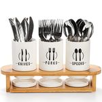 Fasmov Flatware Holder, 3 Pack Silverware Caddy with Bamboo Rack, Utensil Holder Ceramic Flatware Caddy Flatware Caddy White Ceramic Cutlery Organizer for Forks, Spoons, Knives