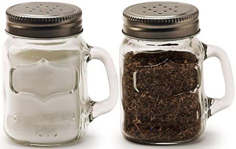 Circleware Glass Mini Mason Jar Mug Salt and Pepper Shakers with Handles & Metal Lids, Kitchen Glassware Preserving Containers, Perfect Himalayan Seasoning Spices, 2-Piece Set, 5 oz, Clear, Silver