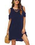 Bluetime Women Cold Shoulder Criss Cross Neckline Short Sleeve Casual Tunic Top Dress - Blue -