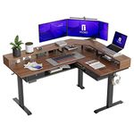 FEZIBO 160 cm L Shaped Standing Desk with LED Strip, Electric Triple Motor Stand up Corner Desk Height Adjustable with Monitor Stand & Shelves, 2 Drawers, Ergonomic Home Office Desk, Black Walnut Top
