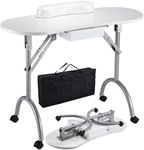 Joligrace Professional Foldable & Portable Manicure Table Nail Technician Desk Workstation 4 Lockable Wheels with Large Drawer Client Wrist Pad Free Carrying Bag Travel Nail Tech Table, White