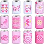 Purpeak 12 Pcs Preppy Beer Coolers Aesthetic Hot Pink White Can Coolers Neoprene Insulated Drink Bottle Beer Holder Non Slip Washable Beer Sleeve Insulators Covers for Party Supplies