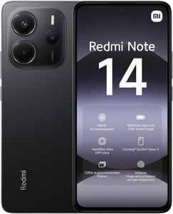xiaomi Redmi Note 14 smartphone, 6+128GB, black, 108MP AI camera system, 5500mAh battery, 120Hz eye-care display, AI features (no charger included), 2 year Warranty