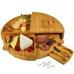 Custom Personalized Engraved Bamboo Cheese/Charcuterie Cutting Board with Knives & Cheese Markers - Stores as a Compact Wedge - Opens to 18" Diameter - Designed By Picnic at Ascot USA