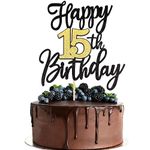 ZHUOWEISM 1 PCS Happy 15th Birthday Cake Topper Black Gold Glitter Cheers to 15 Years Birthday Cake Pick 15 Fabulous Cake Decoration for Happy 15th Birthday Anniversary Party Cake Decorations Supplies